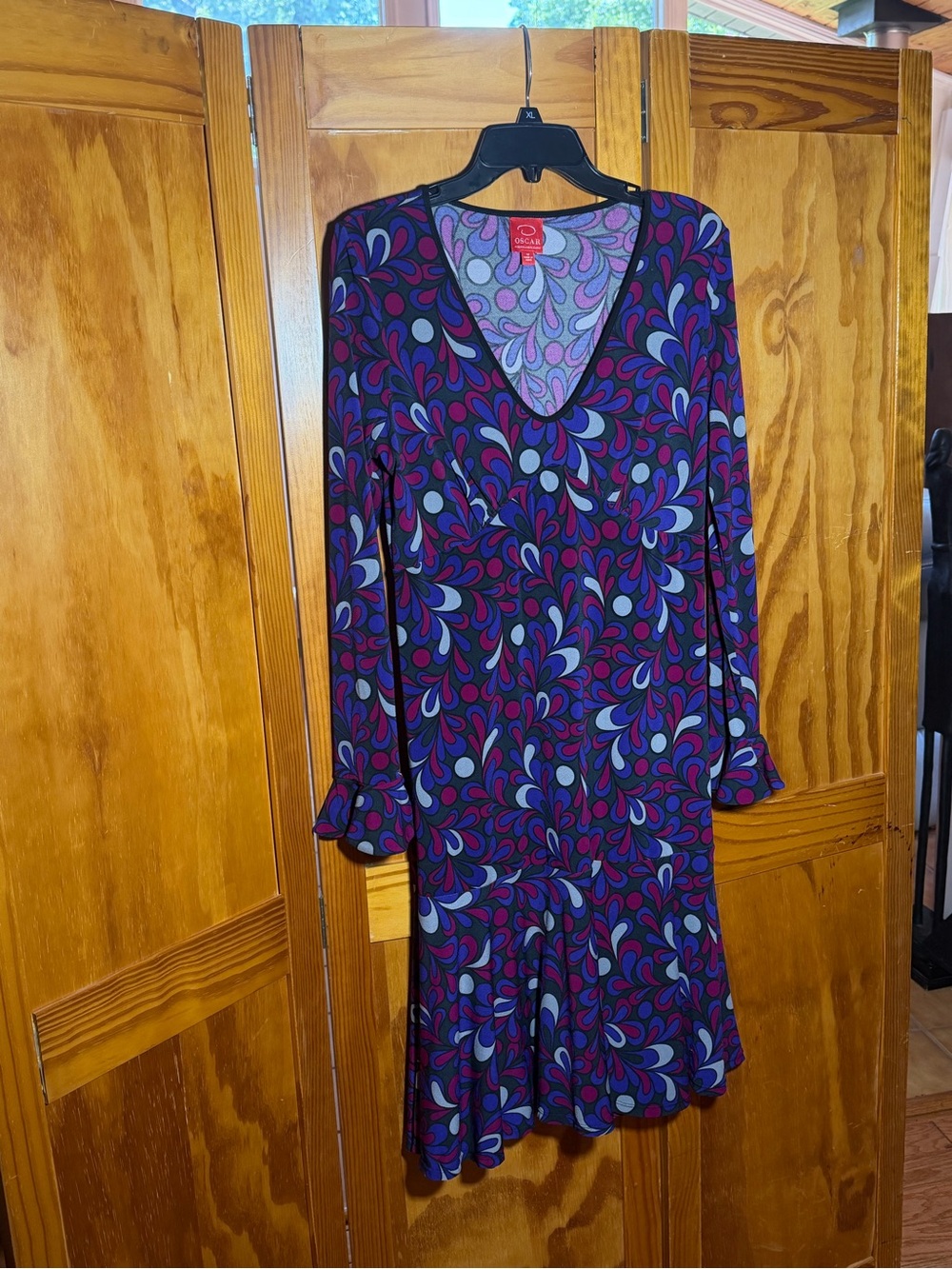 Oscar de la Renta Purple, Red Print V-Neck Dress| Sz M|Vintage, Luxury, Party